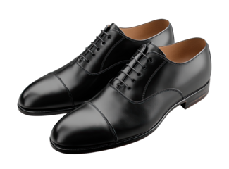 Polished black leather dress shoes, presented as a pair, with a classic cap toe and laced design