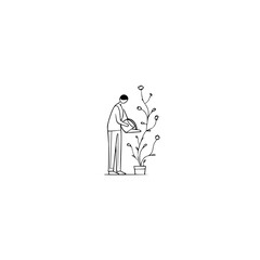 Vector a person waters a tall plant with flowers in a pot using a watering can in a minimalist style minimilist