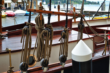 Close Up of Ropes and Rigging on Deck of Sailing Ship 