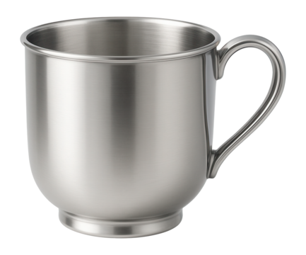 Polished stainless steel metal cup with a handle on transparent background.