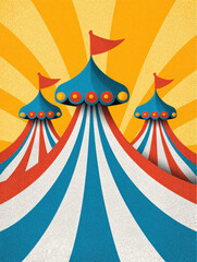 Vintage carnival tent poster with bold colorful stripes and playful flags