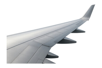 An airplane wing with visible flaps and winglets extends diagonally across the image on transparent background.