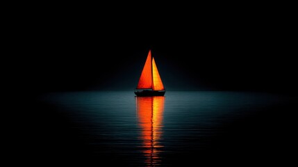Solitary sailboat with vibrant orange sail illuminated against a dark reflective sea
