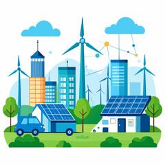 A vibrant illustration depicting a sustainable city with renewable energy sources and green infrastructure.