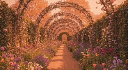 Fototapeta premium Enchanting rose archway garden path at sunset