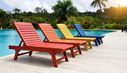 Obraz premium Colorful Loungers near Swimming Pool in Tropical Resort
