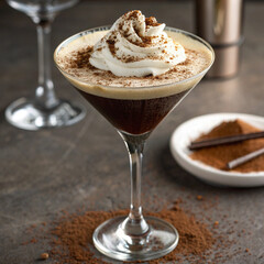 Decadent espresso martini topped with whipped cream and cocoa, served in a martini glass