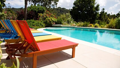 Poolside Deck Chairs with Blue Water Swimming Pool