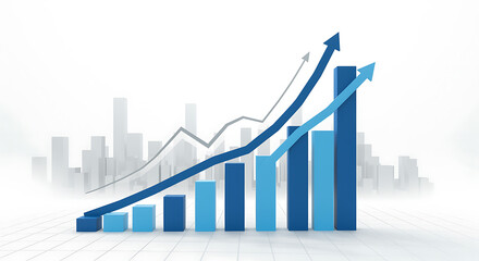 Fototapeta premium Dynamic business growth chart showing positive trends with upward arrows in modern city landscape