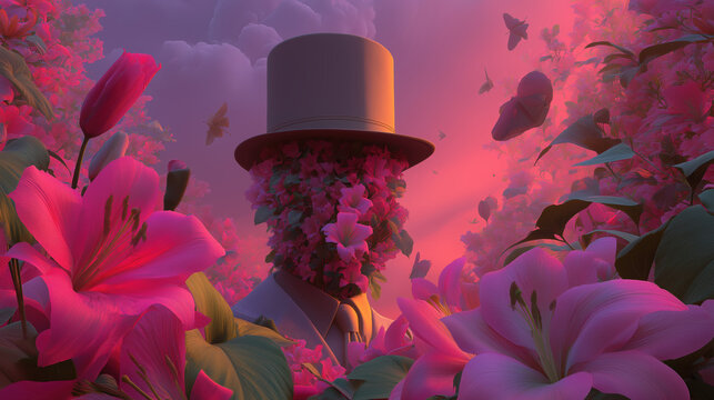 Flower-headed man in a pink floral world, perfect for fashion ads, surreal beauty, identity themes and spring promotions.
