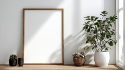 Fototapeta premium Vertical frame mock-up above simple console