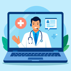 A male doctor in a lab coat and stethoscope provides an online medical consultation on a laptop screen, symbolizing telemedicine.