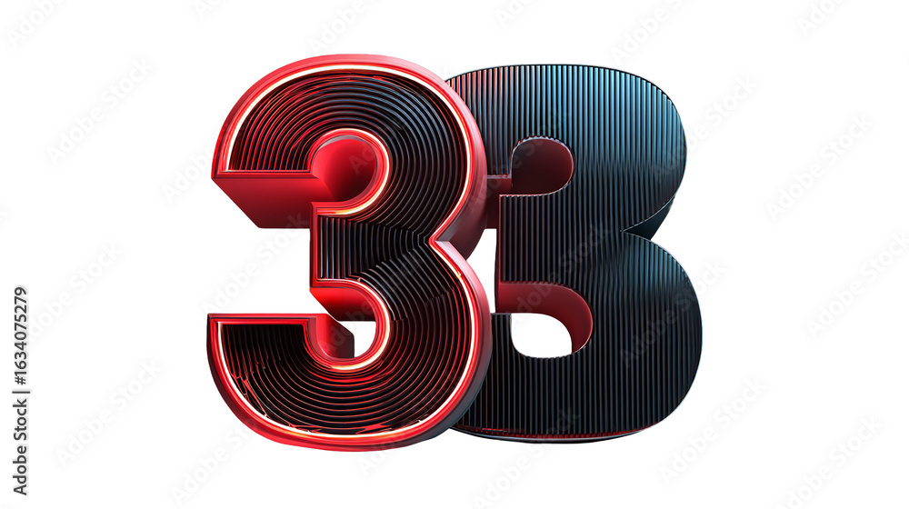 Poster glossy number thirty three red and blue rendering on transparent background