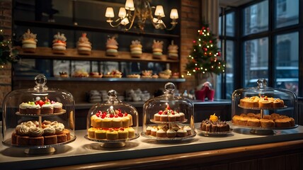 Naklejka premium Display of cakes and pastries under glass domes in a bakery with christmas tree in background