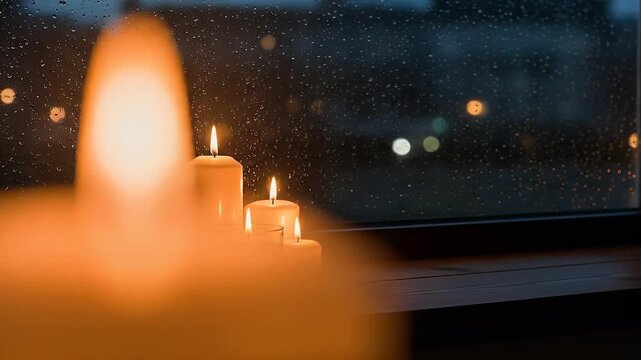 Glowing candles on a windowsill create a warm, cozy ambiance against a rainy night window.