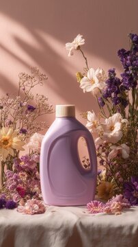 A bottle of liquid laundry detergent with lavender and coconut