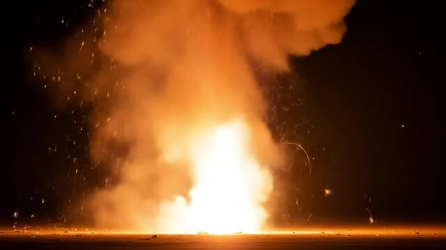 Powerful Orange Explosion with Dense Smoke and Glowing Sparks Against Black Backdrop for Adobe Stock Photo