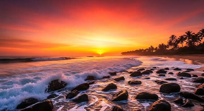 Vibrant tropical sunset over a rocky beach with crashing waves and silhouetted palm trees isolated on transparent background
