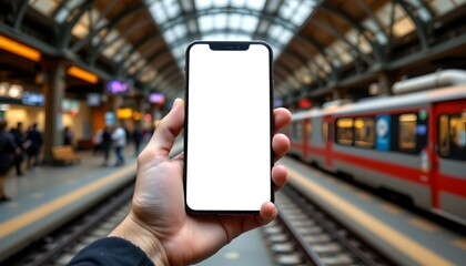 A person holding a modern smartphone with blank screen at train station