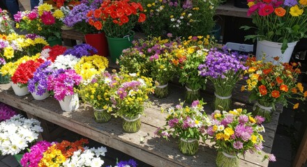 Vibrant flower market display with colorful bouquets in glass jars and buckets