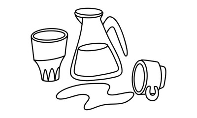 Glass objects with doodle water. Black and white outline illustration. Sketch of a jug, glass, and mug with water. A mug is lying next to a puddle. Drinking water. Coloring page