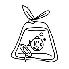 Doodle package with a fish. Black and white outline illustration in the grunge style. Sketch of a package with water and a goldfish. Fish in water, aquarium on a white background.