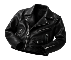 Black leather biker jacket with silver zippers and snap buttons on transparent background.