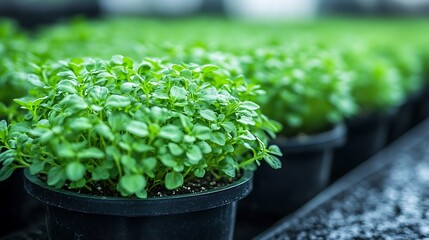 Close-up view of young plants in small pots.