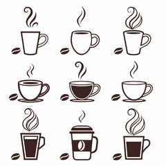 Obraz premium Collection of nine stylized coffee cup icons with steam and beans drink