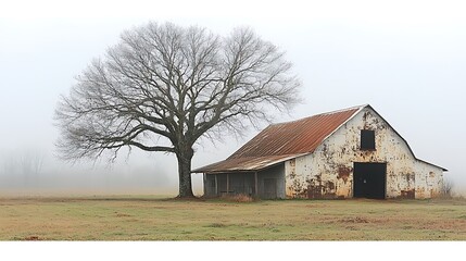 Obraz premium Foggy morning scene with a weathered barn and lone tree.