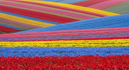 Vibrant hillside flower fields in striking stripes