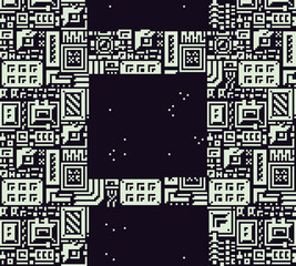 Retro pixel art background in arcade style, featuring abstract, maze-like mechanical structures forming walls with a central opening. Sci-fi platformer or space-themed pixel games.