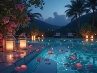 Romantic Pool Night with Candle Lights: A romantic swimming pool setting at night with candles, lanterns, and rose petals floating in the water, perfect for an evening celebration.