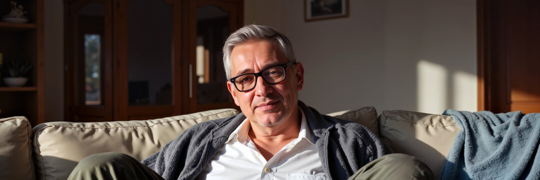 Middle-aged man relaxing on sofa at home in afternoon sunlight - Concept of World Stroke Day   - Powered by Adobe