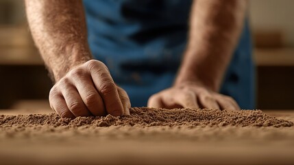 Pure Artistry with Creative Experiments Concept. Close-Up View of Hands Shaping and Texturing Brown Dirt or Sand on a Wooden Surface