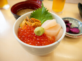 Seafood Rice Bowl with Salmon Roe, Sea Urchin, and Scallops – Traditional Japanese Meal