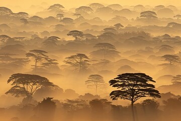 Misty sunrise over a dense forest canopy