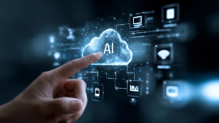 Finger touches glowing AI cloud, with connected digital icons overlaying hand