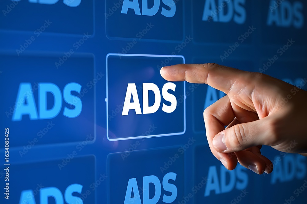 Poster close up of a human finger pressing a glowing blue digital button labeled ads on a dark screen with 