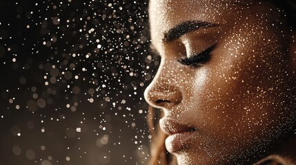 Pure Artistry with Creative Experiments Concept. Close-Up Portrait of Woman with Sparkling Glitter and Dramatic Lighting Effects