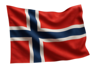 Waving flag of Norway featuring a blue cross with white edging on a red field, symbolizing national pride on transparent background.