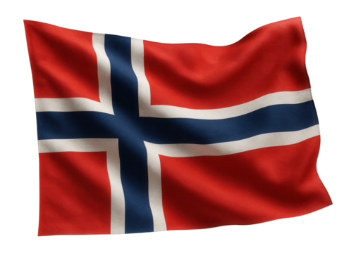 Waving flag of Norway featuring a blue cross with white edging on a red field, symbolizing national pride on transparent background.