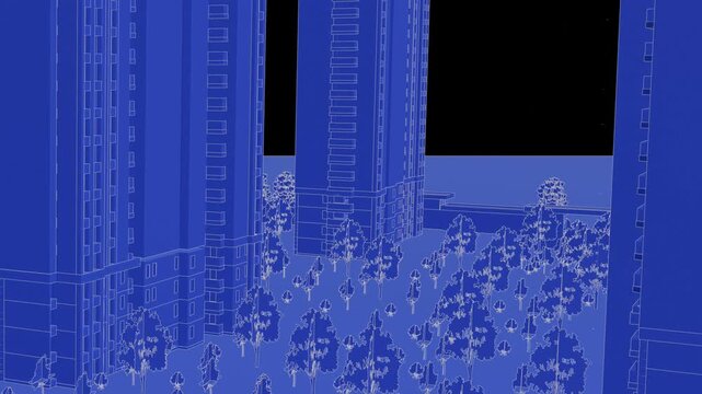 Animation of a Generic Apartment Complex, Seamless Looped Animation, 3d blueprint linework
