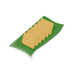 Illustration of fried soybean tempeh in vector design placed on banana leaf, isolated on white background.