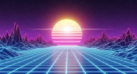 Retro futuristic glowing neon grid road leading to a vibrant sunset with stylized mountains isolated on transparent background