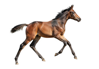 Obraz premium A young brown horse foal running isolated on transparent background
