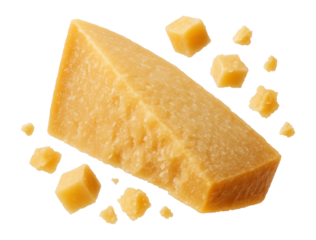 A large wedge of aged cheese with multiple small cheese cubes scattered around, on transparent background.