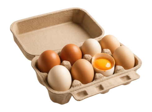 A carton containing seven whole eggs and one cracked open with yolk visible, arranged neatly on transparent background.