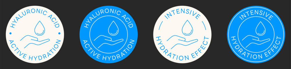 Hyaluronic Acid Stamps. Skincare Formula Ingredient. Active Hydration Vector Design Badges.