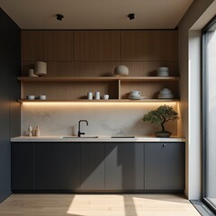 Japanese minimalist kitchen clean lines black cabinetry natural wood shelving concrete surfaces rice paper lighting morning light